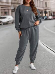 EMERY ROSE 2 Peças/Conjunto Moletom e Calça de Moletom Casuais de Cor Sólida Plus Size, Outono/Inverno