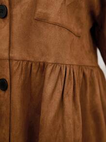 SHEIN LUNE Plus Size Front Button Long Sleeve Pocket Casual Coat Holiday Thermal Vacations Winter Clothes For Women New Year - Brown - View 7