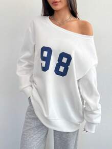 Flirla 女士不对称肩部数字印花休闲落肩套头卫衣，秋季款 - 白色 - 查看 5