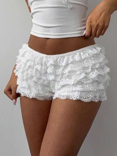 Aloruh Women's Fashion Color Contrast Lace Trim Mesh Multilayer Ruffle Edge Cake Shaped Super Short Shorts, Music Festival, Spring/Summer