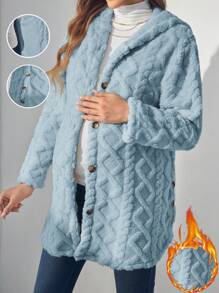 SHEIN Maternity Solid Button Front Hooded Fleece Long Sleeve Jacket, Jacket, Autumn/Winter - Blue - View 2