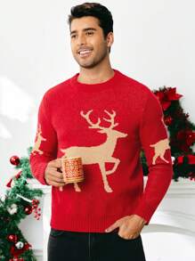 Manfinity VCAY Men's Plain Crew Neck Reindeer Pattern Knit Christmas Sweater, Suitable For Family And Couple Matching - Red - View 1