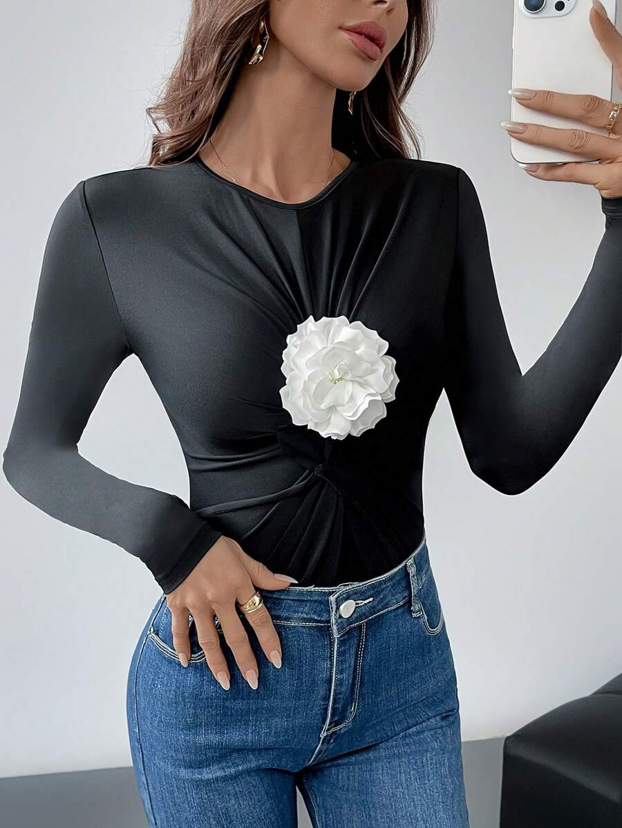 Firerie 1 chiếc áo thun bó sát cổ tròn tay dài cho nữ có họa tiết hoa 3D - màu đen - Xem 1