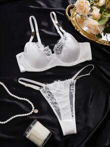 对比色睫毛蕾丝蝴蝶结前钢圈文胸和丁字裤内衣套装白色内衣套装性感内衣套装>性感套装内衣套装女士性感内衣套装 - 白色 - 查看 6