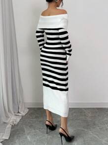Chiquease Off-The-Shoulder Striped Bodycon Knit Dress, Autumn/Winter Fall Cloth For Women