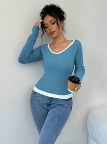 Chiquease Women's Contrast Color V-Neck Raglan Sleeve Casual Pullover Sweater, Autumn/Winter