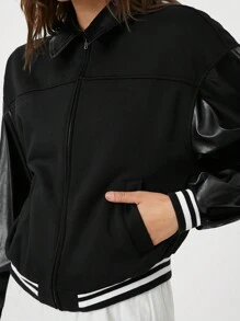 SHEIN EZwear 1 件女式休闲针织和仿皮拼接落肩条纹夹克 - 黑色 - 查看 7