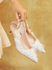 CUCCOO HITCHD Women's Pointy Toe Fluffy Decorated Fashion High Heels - White - View 3