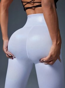 SHEIN Quần tập yoga cạp cao nâng mông cho nữ có họa tiết lá kim, tôn dáng - trắng - Xem 3