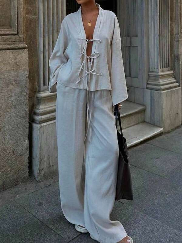 Grey Linen Drawstring Waist Casual Women Pants Set