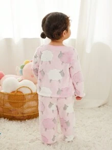 SHEIN 2 件套女婴可爱简约绵羊图案套头衫圆领长袖上衣和长裤，柔软舒适法兰绒家居服和睡衣套装女婴睡衣