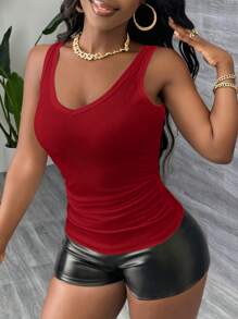 Slaydiva Camiseta de tirantes básica casual de punto jersey acanalado con escote en V profundo y unicolor