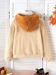 女童拼布毛绒可爱熊连帽夹克，秋冬 - 彩色 - 查看 6