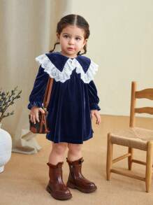 SHEIN LMoss Kids LMoss 女婴可爱秋季优雅弹力天鹅绒撞色蕾丝彼得潘领连衣裙 - 藏蓝色 - 查看 7