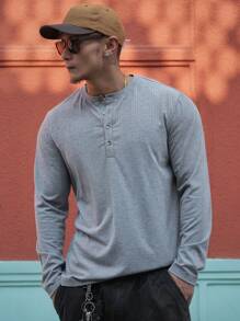 DAZY 1pc Men Plain Color Front Button Long Sleeve Casual T-Shirt Fall,Winter - Grey - View 11