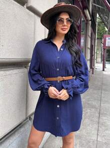 SHEIN LUNE Váy sơ mi ngắn thường ngày màu xanh nhạt dành cho nữ - Rửa tối - Xem 5