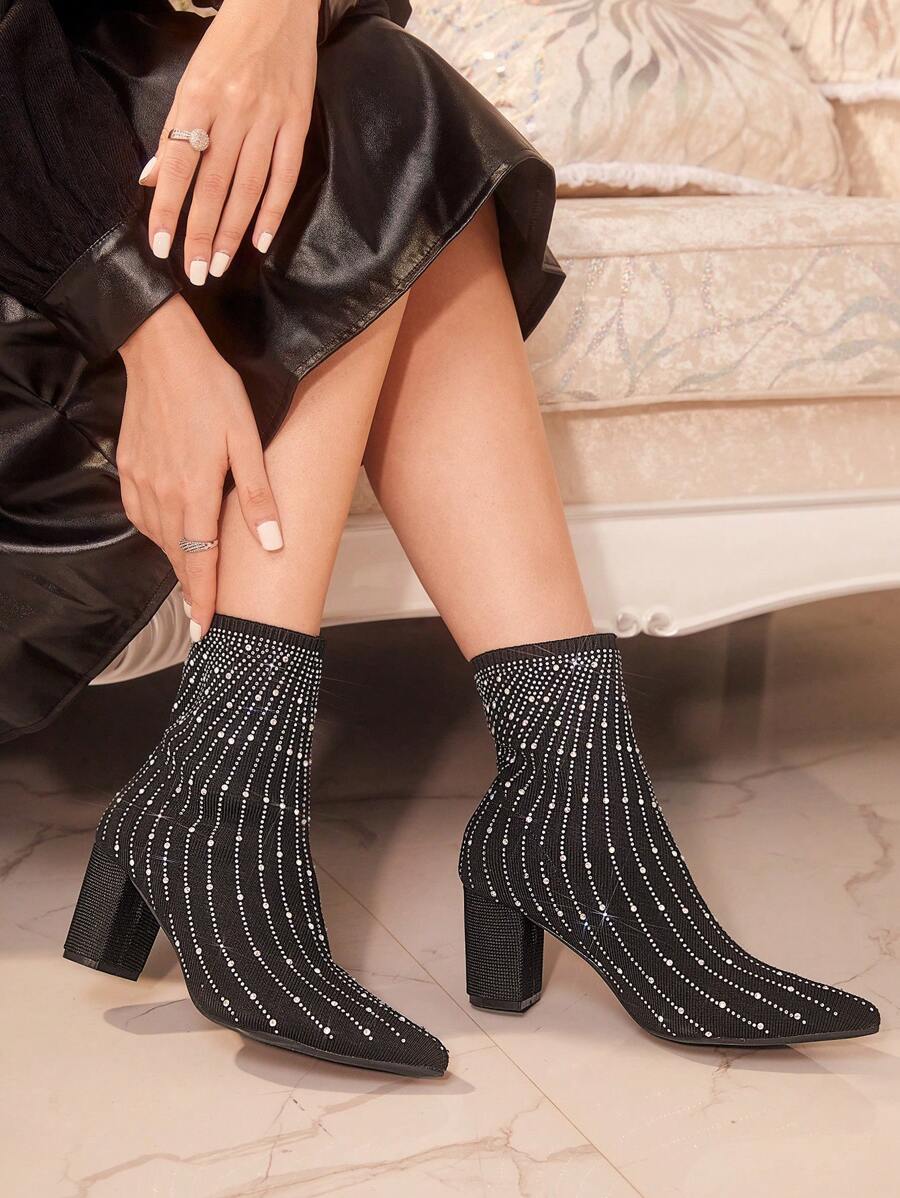 CUCCOO TILAWA Rhinestone Embellished Pointed Toe Fashionable Mid-Calf Boots For Christmas And New Year Holiday Valentines - Black - View 1