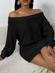 SHEIN SXY 大码女式性感露肩紧身黑色连衣裙，适合日常穿着、节日、约会之夜、生日、单身派对装、婚礼、优雅、休闲、购物、街头服饰、外出、易于搭配且看起来苗条，凸显您的身材，修饰身材 - 黑色 - 查看 4