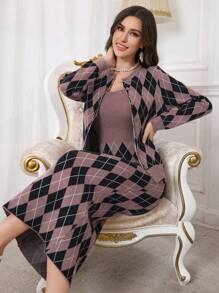 Modelyn Women Casual Rhombus Cardigan & Sleeveless Fitted Sweater Dress 2pcs Set, Autumn/Winter 2 Pieces Set