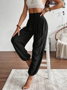 SHEIN LUNE Women Solid Color Casual Everyday Long Pants Fall Cloth For Women - Black - View 3