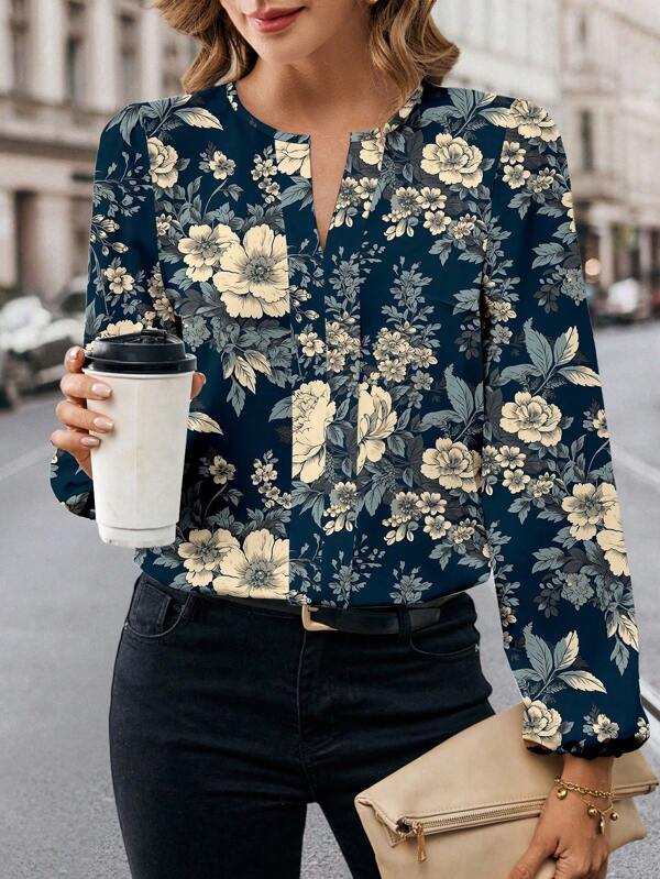 Glamance Pati Paints Women Blue Plus Size Blouses Extra-Long Sleeve Notched Boho Plants,Plain,All Over Print,Floral Summer Outfits For Women Summer Tops Going Out