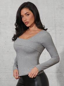 Denimoi 女士基本款休闲灰色不对称领柔软长袖上衣，女士冬季服装，日常穿着，外出 - 灰色 - 查看 3