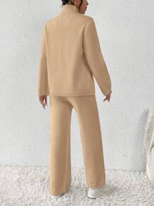 Chiquease 2pcs Solid Color Turtleneck Slit Cuff Long Sleeve Top And Pants Elegant Knitted Suit Set