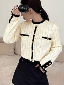 DAZY Women's Elegant Contrast Trim Button Knit Sweater, Autumn - Beige - View 4