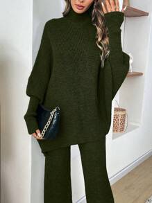 Chiquease 2 件套：女式纯色立领蝙蝠袖宽松针织毛衣和针织裤，秋冬季休闲装