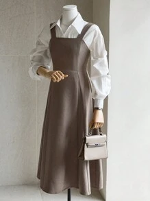 DAZY 女士纯色方领无袖中长连衣裙，秋季服装 - 棕色 - 查看 5