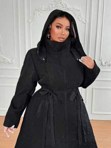 Lyrianda Plus Size Winter Mock Neck Floral Print Hooded Long Padded Coat With Bowknot , Pockets And A-Line Silhouette - Black - View 4