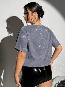 SHEIN ICON Áo thun croptop lấp lánh thời trang Plus cho mùa hè - Màu xanh nhạt - Xem 2