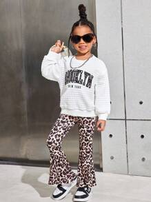 Young Girl Casual Knit Crew Neck Long Sleeve Pullover Hoodie With Leopard Print Pants Set