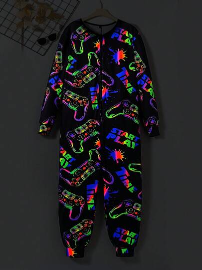 Färgglada videospelskonsoler för män Glow Print Zip Up Front Jumpsuit Loungewear
