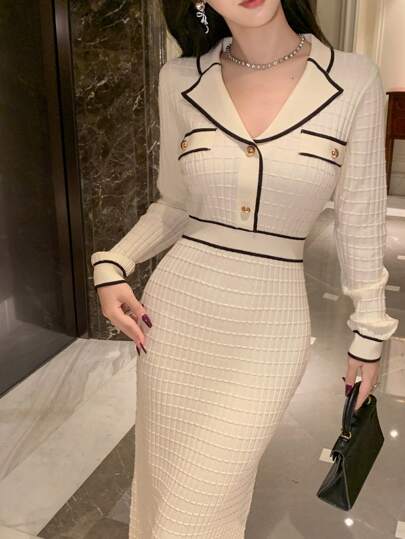 DAZY 女士秋冬翻领长袖纽扣设计拼色毛衣连衣裙，秋季女装
