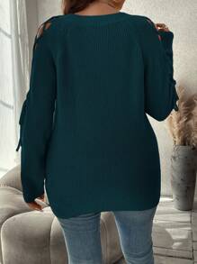 SHEIN Clasi Sweater Kasual Minimalis Ukuran Besar Warna Polos dengan Model Bahu Terbuka dan Tali Silang untuk Musim Gugur/Dingin - Dark Green - View 2