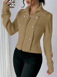 Chiquease Women's Solid Color Double-Breasted Casual Long Sleeve Knit Cardigan - Khaki - View 4