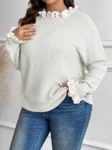 Celure Plus Size Women Contrast Color Lace Ruffled Shoulder Long Sleeve Casual Sweater, Autumn/Winter