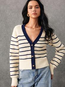 Poéselle 条纹毛衣，深蓝色条纹开衫毛衣，女士毛衣，1 件女士宽松休闲条纹长袖纽扣开衫，秋冬，休闲时尚，海军蓝风格，面料舒适温暖，秋冬必备，适合日常、街头、通勤、家居等场合穿着