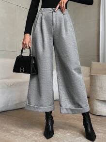 SHEIN Privé 女士优雅高腰灰色花卉阔腿裤，适合通勤