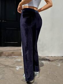 INAWLY Women's Casual Drawstring Waist Number Embroidery Flared Pants, Autumn Fall Cloth For Women - Navy Blue - View 2
