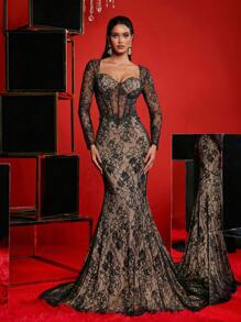 Glamrae Vestido largo formal elegante de unicolor con mangas largas, cuello en V y bordado con lentejuelas en negro y dorado champán. Incluye un adorno en la cintura, una silueta de cola de pez y un bajo semitransparente. Ideal para eventos formales como baile de graduación, cena, fiesta o boda.
