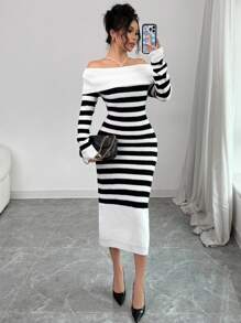 Chiquease Off-The-Shoulder Striped Bodycon Knit Dress, Autumn/Winter Fall Cloth For Women