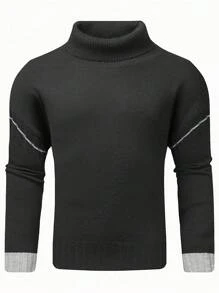 Manfinity Homme Men's Contrast Color Turtleneck Casual Color Block Pullover Long Sleeve Sweater, For Vacation, Friends