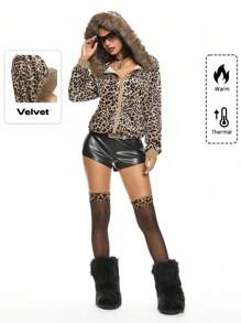 ROMWE Grunge Punk 复古休闲 Y2K 风格女式天鹅绒豹纹拼接毛领夹克 - 彩色 - 查看 1