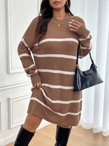 SHEIN Frenchy Plus Size Women Striped Round Neck Drop Shoulder Loose Casual Knit Sweater Dress, Autumn/Winter