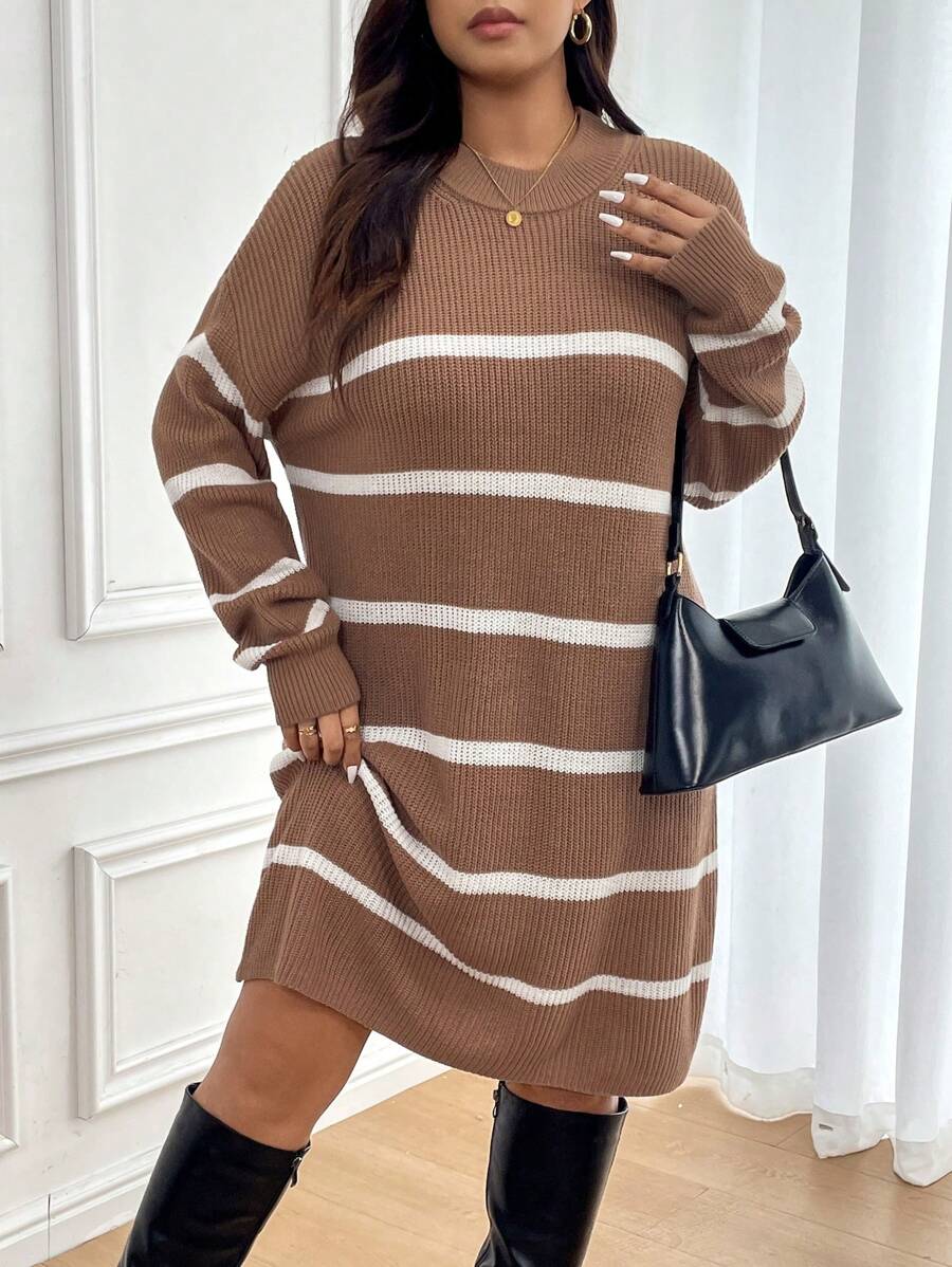 SHEIN Frenchy Plus Size Women Striped Round Neck Drop Shoulder Loose Casual Knit Sweater Dress, Autumn/Winter