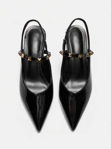 CUCCOO CURVES Plus Width High Heel Pointed Toe Elegant Black Satin Slingback Sandals For All Seasons - Black - View 7