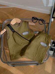 SHEIN Bộ 3 món/Bộ áo liền quần không tay họa tiết hoa 3D năng động tối giản giản dị cho bé trai kèm túi đựng, thích hợp cho các buổi đi chơi, mùa xuân/hè - Màu Khaki - Xem 3