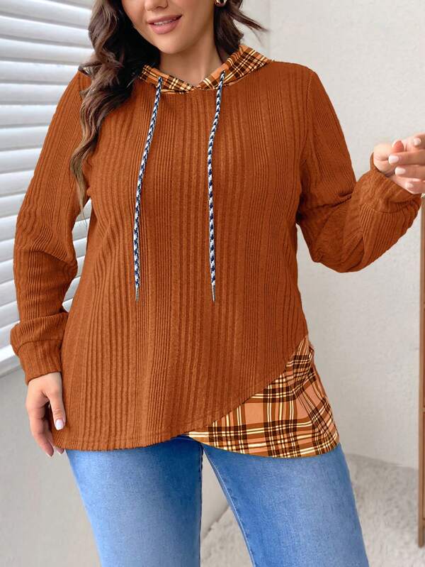 SHEIN LUNE Plus Size Plaid Patchwork Long Sleeve Casual Hoodie Sweatshirt New Years Women Raves Thanksgiving